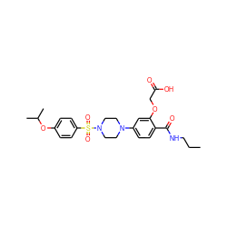 CCCNC(=O)c1ccc(N2CCN(S(=O)(=O)c3ccc(OC(C)C)cc3)CC2)cc1OCC(=O)O ZINC001772609228