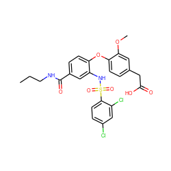 CCCNC(=O)c1ccc(Oc2ccc(CC(=O)O)cc2OC)c(NS(=O)(=O)c2ccc(Cl)cc2Cl)c1 ZINC000049679651