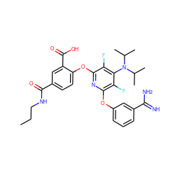 CCCNC(=O)c1ccc(Oc2nc(Oc3cccc(C(=N)N)c3)c(F)c(N(C(C)C)C(C)C)c2F)c(C(=O)O)c1 ZINC000028568916