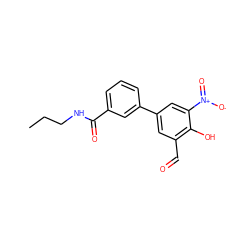 CCCNC(=O)c1cccc(-c2cc(C=O)c(O)c([N+](=O)[O-])c2)c1 ZINC000169699686