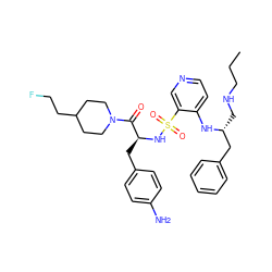 CCCNC[C@H](Cc1ccccc1)Nc1ccncc1S(=O)(=O)N[C@@H](Cc1ccc(N)cc1)C(=O)N1CCC(CCF)CC1 ZINC000027109870