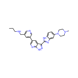 CCCNCc1cncc(-c2cnc3[nH]nc(-c4nc5cc(N6CCN(C)CC6)ccc5[nH]4)c3c2)c1 ZINC000072176705