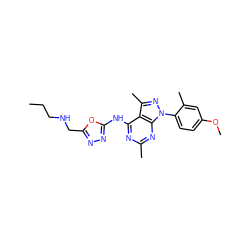 CCCNCc1nnc(Nc2nc(C)nc3c2c(C)nn3-c2ccc(OC)cc2C)o1 ZINC000045256546