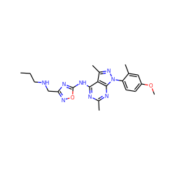 CCCNCc1noc(Nc2nc(C)nc3c2c(C)nn3-c2ccc(OC)cc2C)n1 ZINC000045258983