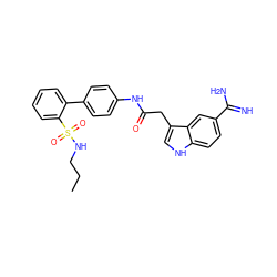 CCCNS(=O)(=O)c1ccccc1-c1ccc(NC(=O)Cc2c[nH]c3ccc(C(=N)N)cc23)cc1 ZINC000013835128