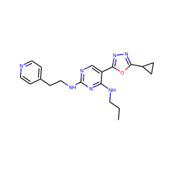 CCCNc1nc(NCCc2ccncc2)ncc1-c1nnc(C2CC2)o1 ZINC000040892287