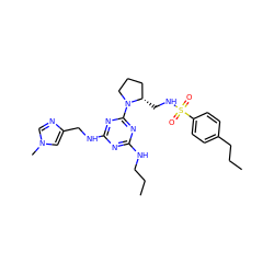 CCCNc1nc(NCc2cn(C)cn2)nc(N2CCC[C@@H]2CNS(=O)(=O)c2ccc(CCC)cc2)n1 ZINC000095553120