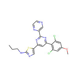 CCCNc1ncc(-c2cc(-c3c(Cl)cc(OC)cc3Cl)nc(-c3cnccn3)n2)s1 ZINC000084690516