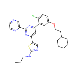 CCCNc1ncc(-c2cc(-c3cc(OCCC4CCCCC4)ccc3Cl)nc(-c3cnccn3)n2)s1 ZINC000084688106