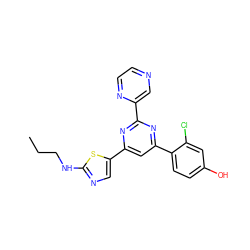 CCCNc1ncc(-c2cc(-c3ccc(O)cc3Cl)nc(-c3cnccn3)n2)s1 ZINC000084712969