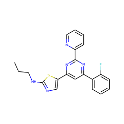 CCCNc1ncc(-c2cc(-c3ccccc3F)nc(-c3ccccn3)n2)s1 ZINC000064539825