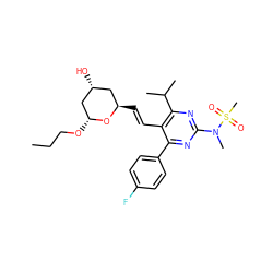 CCCO[C@@H]1C[C@H](O)C[C@@H](/C=C/c2c(-c3ccc(F)cc3)nc(N(C)S(C)(=O)=O)nc2C(C)C)O1 ZINC000139553879