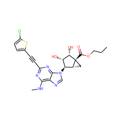 CCCOC(=O)[C@@]12C[C@@H]1[C@@H](n1cnc3c(NC)nc(C#Cc4ccc(Cl)s4)nc31)[C@H](O)[C@@H]2O ZINC001772589342