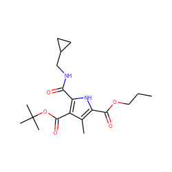 CCCOC(=O)c1[nH]c(C(=O)NCC2CC2)c(C(=O)OC(C)(C)C)c1C ZINC000013533467