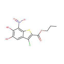 CCCOC(=O)c1sc2c([N+](=O)[O-])c(O)c(O)cc2c1Cl ZINC000049066838