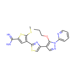 CCCOc1c(-c2csc(-c3cc(C(=N)N)sc3SC)n2)cnn1-c1ccccn1 ZINC000026825276