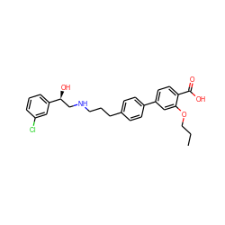 CCCOc1cc(-c2ccc(CCCNC[C@H](O)c3cccc(Cl)c3)cc2)ccc1C(=O)O ZINC000040860889