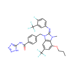 CCCOc1cc(C(F)(F)F)cc2c1n(C)/c(=N/c1ccc(F)c(C(F)(F)F)c1)n2Cc1ccc(C(=O)Nc2nnn[nH]2)cc1 ZINC000150545493