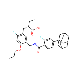 CCCOc1cc(F)c(C[C@H](CC)C(=O)O)cc1CNC(=O)c1ccc(C23CC4CC(CC(C4)C2)C3)cc1F ZINC000042875255