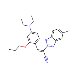 CCCOc1cc(N(CC)CC)ccc1/C=C(/C#N)c1nc2cc(C)ccc2[nH]1 ZINC000013125061