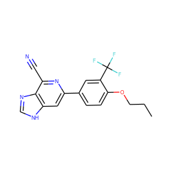 CCCOc1ccc(-c2cc3[nH]cnc3c(C#N)n2)cc1C(F)(F)F ZINC000058511319