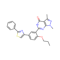 CCCOc1ccc(-c2csc(-c3ccccc3)n2)cc1-c1nc2c(c(C)nn2C)c(=O)[nH]1 ZINC000013755591