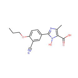 CCCOc1ccc(-c2nc(C)c(C(=O)O)n2O)cc1C#N ZINC000205076218