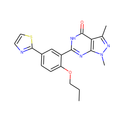 CCCOc1ccc(-c2nccs2)cc1-c1nc2c(c(C)nn2C)c(=O)[nH]1 ZINC000013755589