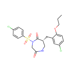 CCCOc1ccc(Cl)cc1C[C@@H]1CNC(=O)CN(S(=O)(=O)c2ccc(Cl)cc2)C1=O ZINC000028894319