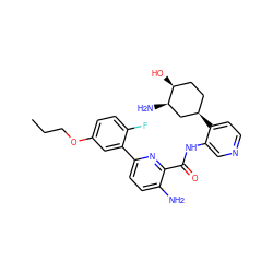 CCCOc1ccc(F)c(-c2ccc(N)c(C(=O)Nc3cnccc3[C@@H]3CC[C@H](O)[C@H](N)C3)n2)c1 ZINC000168381193