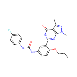 CCCOc1ccc(NC(=O)Nc2ccc(F)cc2)cc1-c1nc2c(c(C)nn2C)c(=O)[nH]1 ZINC000013755586