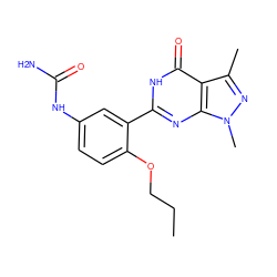 CCCOc1ccc(NC(N)=O)cc1-c1nc2c(c(C)nn2C)c(=O)[nH]1 ZINC000002001930