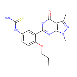 CCCOc1ccc(NC(N)=S)cc1-c1nc2c(c(C)nn2C)c(=O)[nH]1 ZINC000013755582