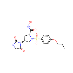 CCCOc1ccc(S(=O)(=O)N2C[C@@H](N3C(=O)CN(C)C3=O)C[C@@H]2C(=O)NO)cc1 ZINC000013835759