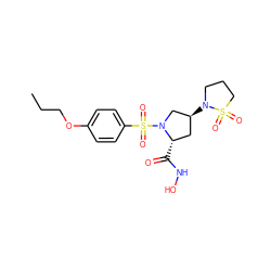 CCCOc1ccc(S(=O)(=O)N2C[C@@H](N3CCCS3(=O)=O)C[C@@H]2C(=O)NO)cc1 ZINC000013835755