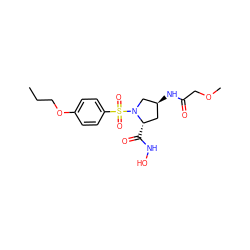 CCCOc1ccc(S(=O)(=O)N2C[C@@H](NC(=O)COC)C[C@@H]2C(=O)NO)cc1 ZINC000013835732