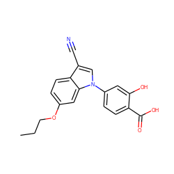 CCCOc1ccc2c(C#N)cn(-c3ccc(C(=O)O)c(O)c3)c2c1 ZINC000202393859