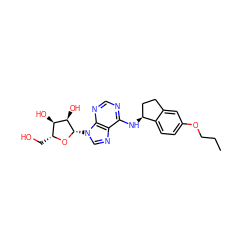 CCCOc1ccc2c(c1)CC[C@@H]2Nc1ncnc2c1ncn2[C@@H]1O[C@H](CO)[C@@H](O)[C@H]1O ZINC000013649451