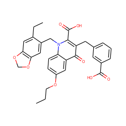 CCCOc1ccc2c(c1)c(=O)c(Cc1cccc(C(=O)O)c1)c(C(=O)O)n2Cc1cc2c(cc1CC)OCO2 ZINC000059096876