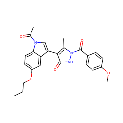 CCCOc1ccc2c(c1)c(-c1c(C)n(C(=O)c3ccc(OC)cc3)[nH]c1=O)cn2C(C)=O ZINC000653838541