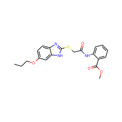 CCCOc1ccc2nc(SCC(=O)Nc3ccccc3C(=O)OC)[nH]c2c1 ZINC001772578322