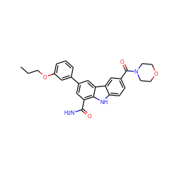 CCCOc1cccc(-c2cc(C(N)=O)c3[nH]c4ccc(C(=O)N5CCOCC5)cc4c3c2)c1 ZINC000113202801