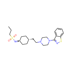 CCCS(=O)(=O)N[C@H]1CC[C@H](CCN2CCN(c3nsc4ccccc34)CC2)CC1 ZINC001772636385