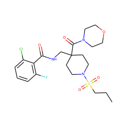 CCCS(=O)(=O)N1CCC(CNC(=O)c2c(F)cccc2Cl)(C(=O)N2CCOCC2)CC1 ZINC000036143442