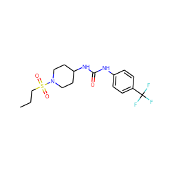 CCCS(=O)(=O)N1CCC(NC(=O)Nc2ccc(C(F)(F)F)cc2)CC1 ZINC000123745899