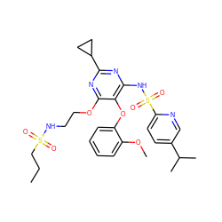 CCCS(=O)(=O)NCCOc1nc(C2CC2)nc(NS(=O)(=O)c2ccc(C(C)C)cn2)c1Oc1ccccc1OC ZINC000028021439