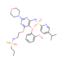 CCCS(=O)(=O)NCCOc1nc(N2CCOCC2)nc(NS(=O)(=O)c2ccc(C(C)C)cn2)c1Oc1ccccc1OC ZINC000028018631