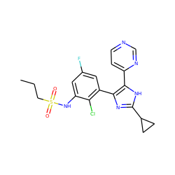 CCCS(=O)(=O)Nc1cc(F)cc(-c2nc(C3CC3)[nH]c2-c2ccncn2)c1Cl ZINC000116344443