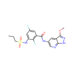 CCCS(=O)(=O)Nc1cc(F)cc(C(=O)Nc2cnc3[nH]nc(OC)c3c2)c1F ZINC000072178914