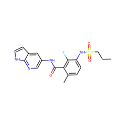 CCCS(=O)(=O)Nc1ccc(C)c(C(=O)Nc2cnc3[nH]ccc3c2)c1F ZINC000072182176